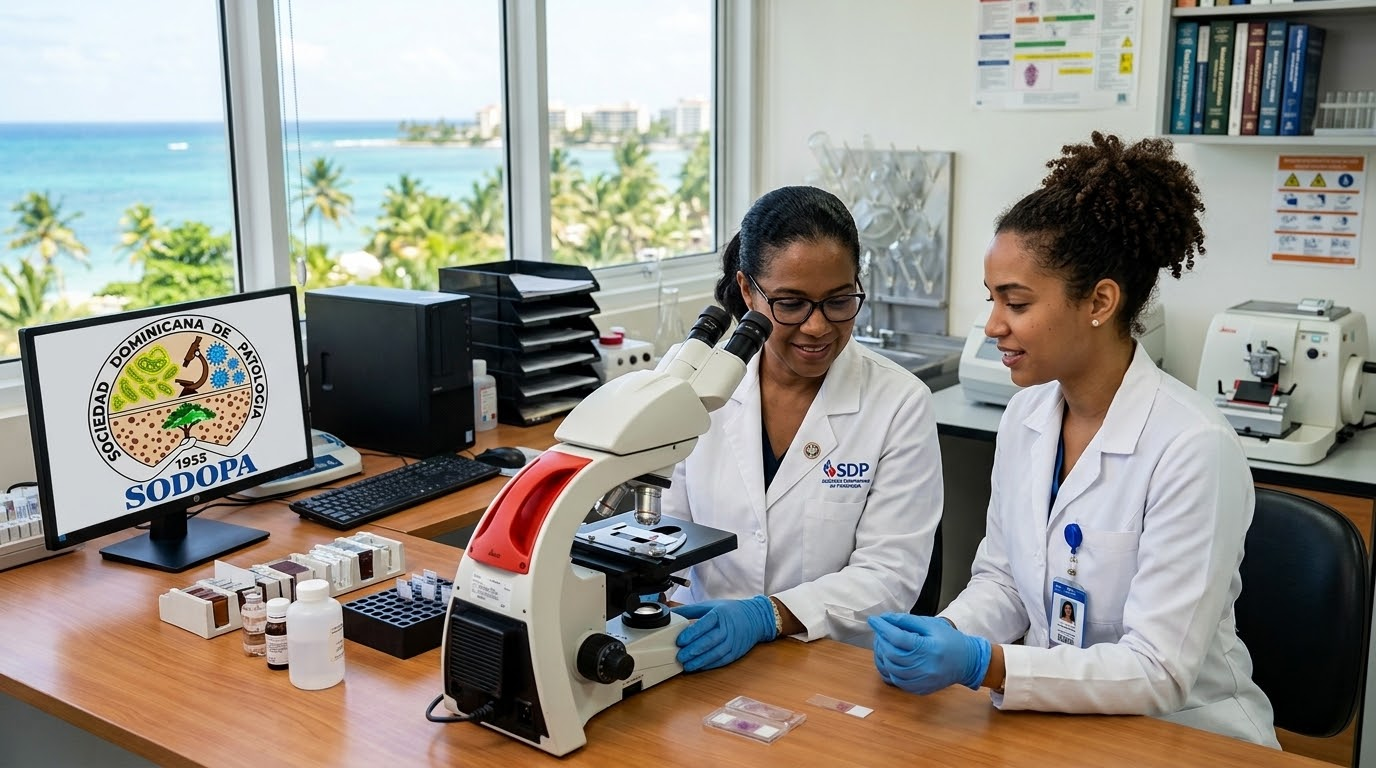 Patólogo revisando reportes médicos en laboratorio clínico en República Dominicana